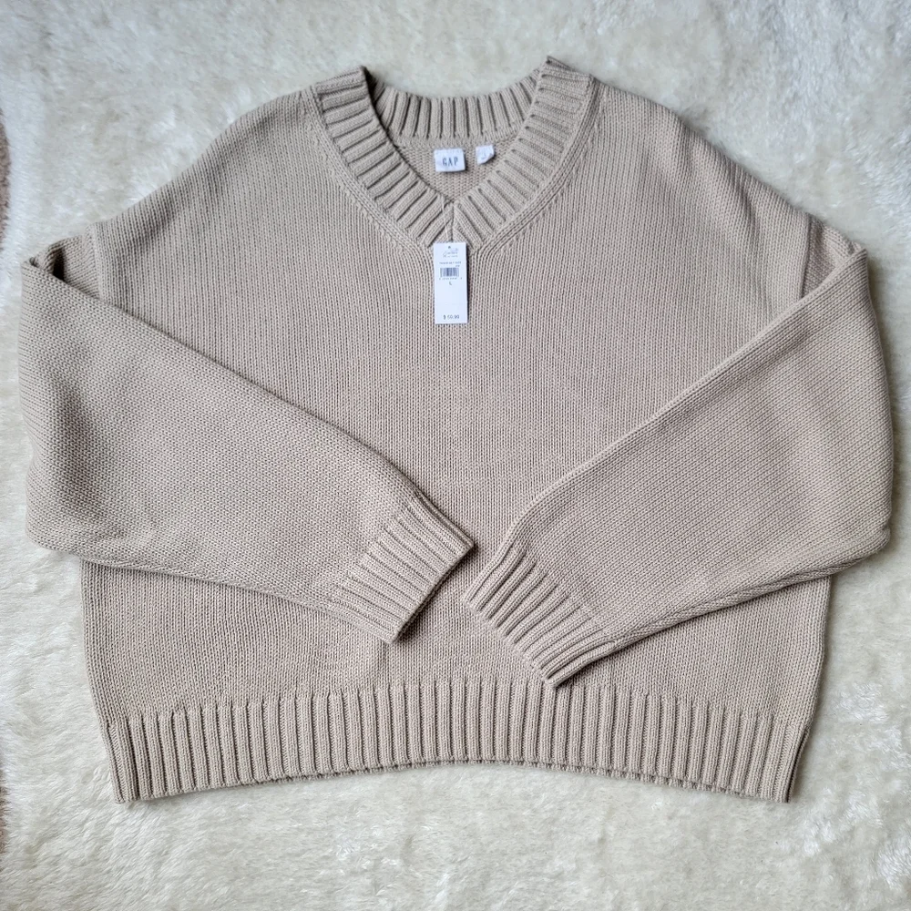 (sold) BUNDLE x2: 100% cotton knit oversized v-neck beige + strawberry pink, L - Picture 6 of 10